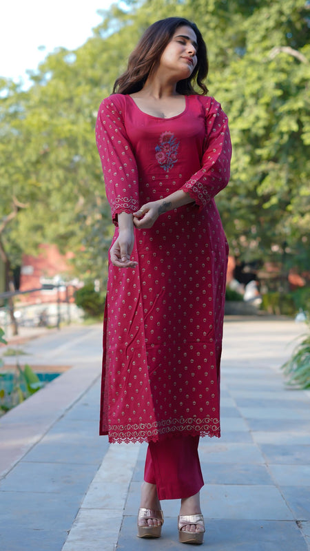 Ruhani Ruby Pure Cotton Hand Block Gold Print Co-ord Set