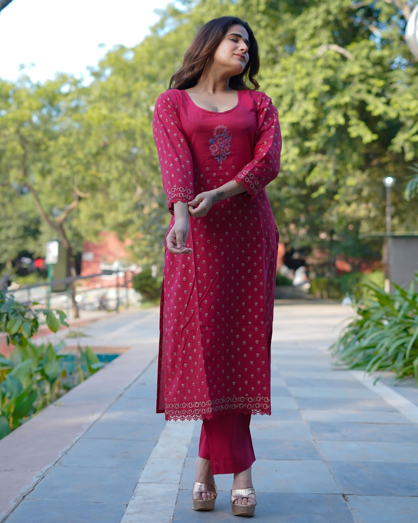 Ruhani Ruby Pure Cotton Hand Block Gold Print Co-ord Set