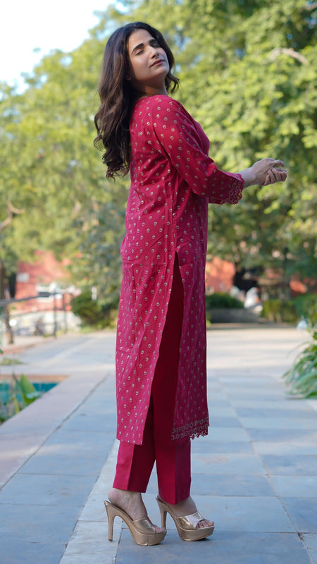 Ruhani Ruby Pure Cotton Hand Block Gold Print Co-ord Set