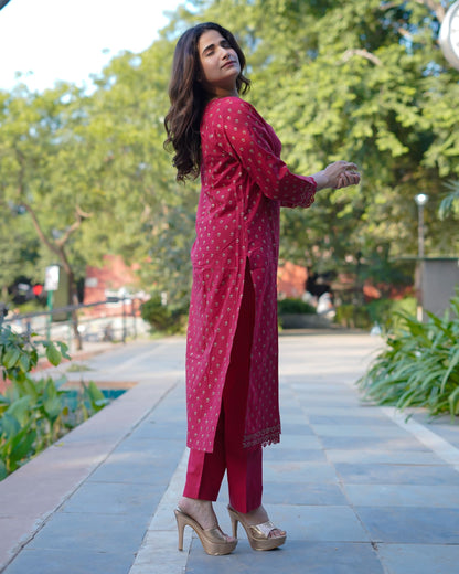 Ruhani Ruby Pure Cotton Hand Block Gold Print Co-ord Set