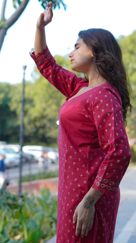 Ruhani Ruby Pure Cotton Hand Block Gold Print Co-ord Set