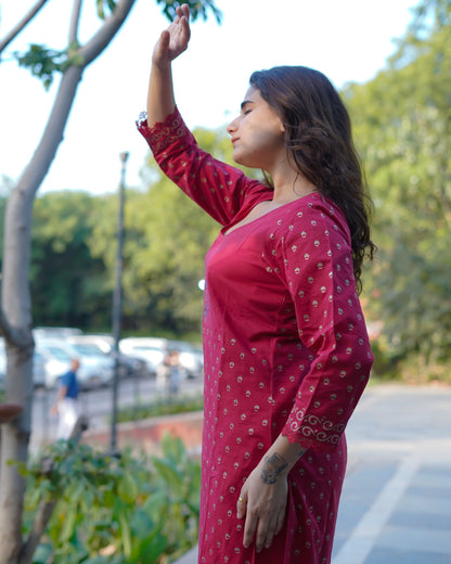 Ruhani Ruby Pure Cotton Hand Block Gold Print Co-ord Set