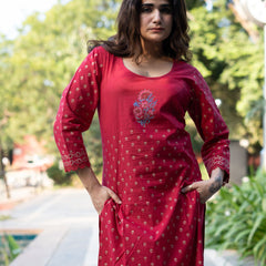 Ruhani Ruby Pure Cotton Hand Block Gold Print Co-ord Set