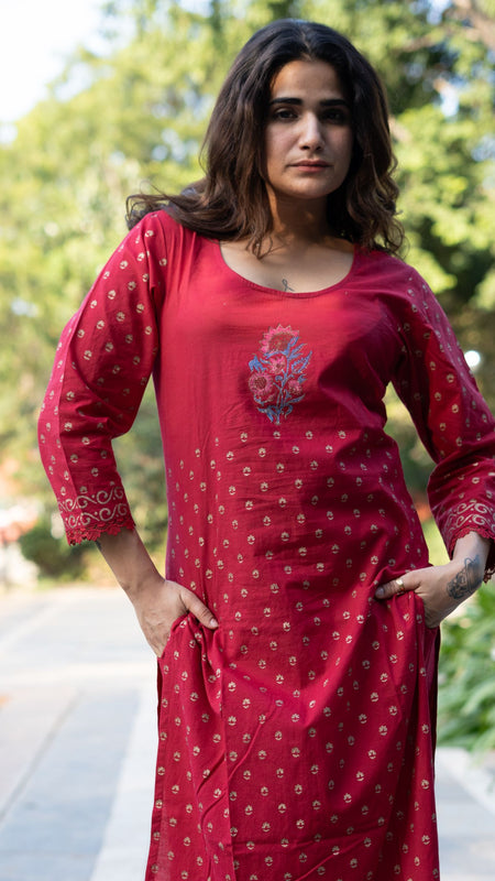 Ruhani Ruby Pure Cotton Hand Block Gold Print Co-ord Set