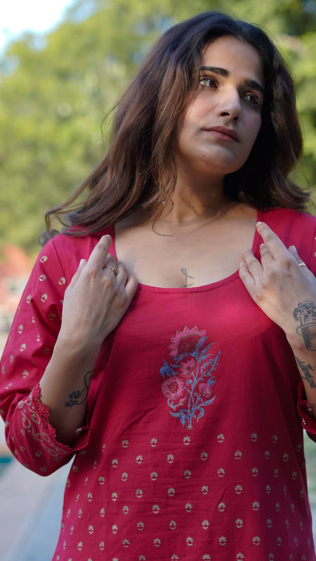 Ruhani Ruby Pure Cotton Hand Block Gold Print Co-ord Set