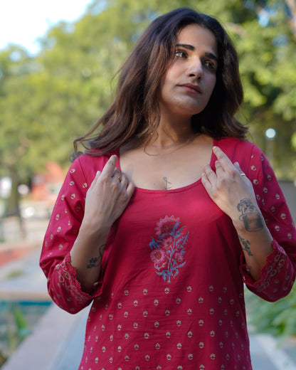 Ruhani Ruby Pure Cotton Hand Block Gold Print Co-ord Set