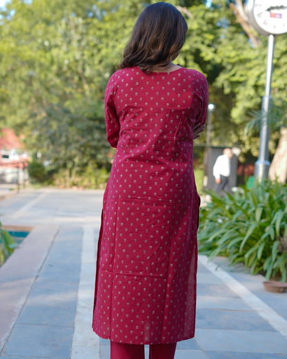 Ruhani Ruby Pure Cotton Hand Block Gold Print Co-ord Set