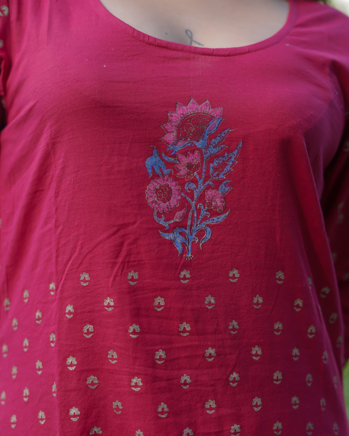 Ruhani Ruby Pure Cotton Hand Block Gold Print Co-ord Set