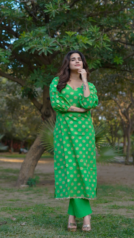 Aaranya Bloom Pure Cotton Handblock Gold Print Co-ord Set