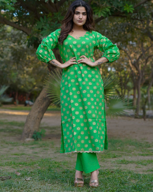 Aaranya Bloom Pure Cotton Handblock Gold Print Co-ord Set