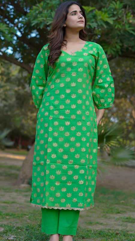 Aaranya Bloom Pure Cotton Handblock Gold Print Co-ord Set