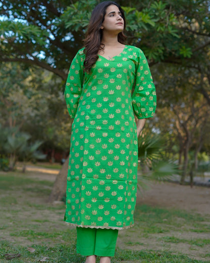 Aaranya Bloom Pure Cotton Handblock Gold Print Co-ord Set