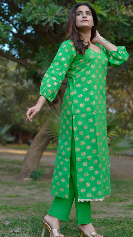 Aaranya Bloom Pure Cotton Handblock Gold Print Co-ord Set