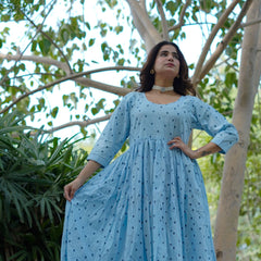 NeelKriti – Pure Cotton Handblock Khari Print Long Flared Dress | Ethnic Casual Wear for Women