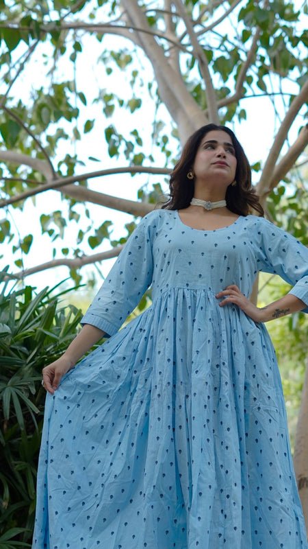 NeelKriti – Pure Cotton Handblock Khari Print Long Flared Dress | Ethnic Casual Wear for Women