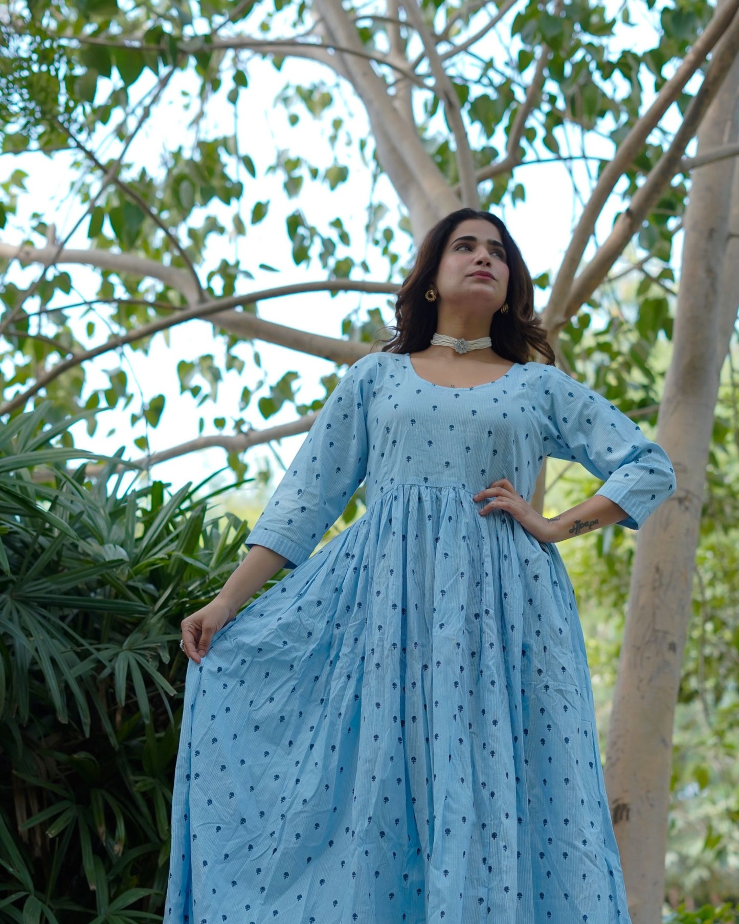 NeelKriti – Pure Cotton Handblock Khari Print Long Flared Dress | Ethnic Casual Wear for Women