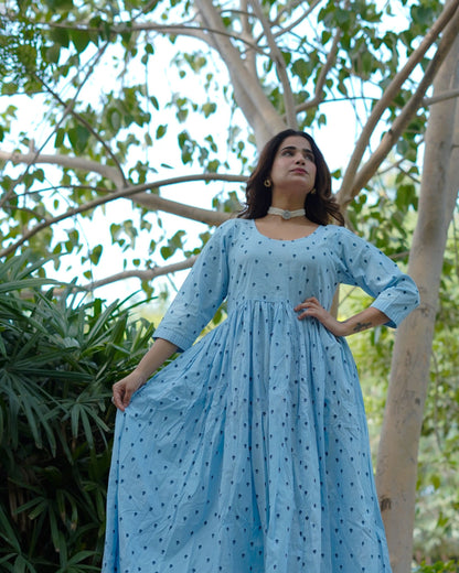 NeelKriti – Pure Cotton Handblock Khari Print Long Flared Dress | Ethnic Casual Wear for Women