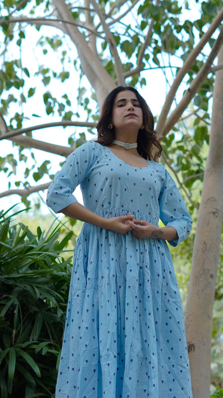 NeelKriti – Pure Cotton Handblock Khari Print Long Flared Dress | Ethnic Casual Wear for Women