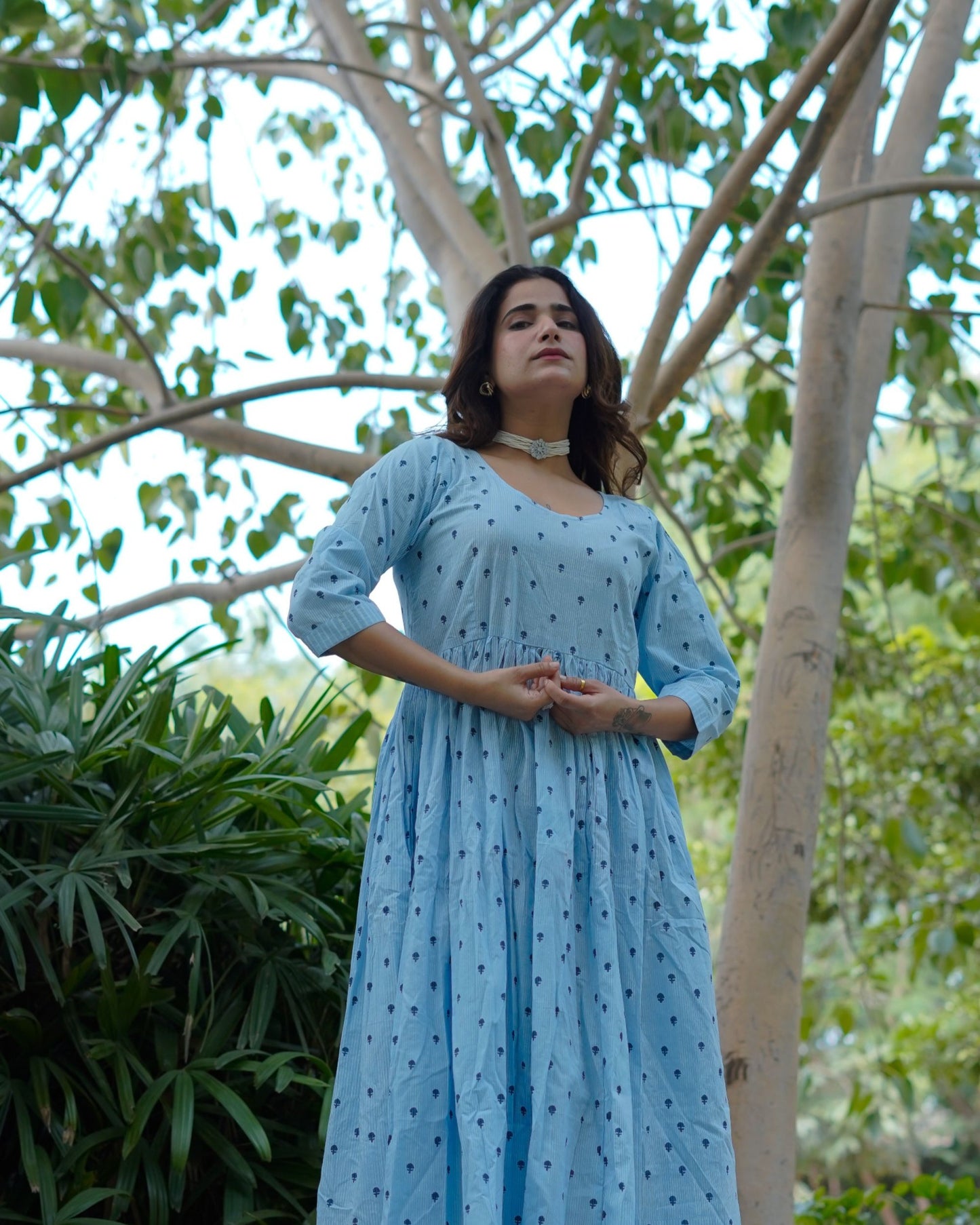 NeelKriti – Pure Cotton Handblock Khari Print Long Flared Dress | Ethnic Casual Wear for Women