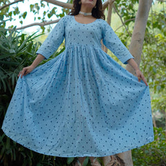 NeelKriti – Pure Cotton Handblock Khari Print Long Flared Dress | Ethnic Casual Wear for Women