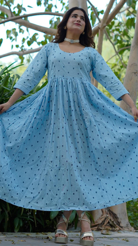 NeelKriti – Pure Cotton Handblock Khari Print Long Flared Dress | Ethnic Casual Wear for Women