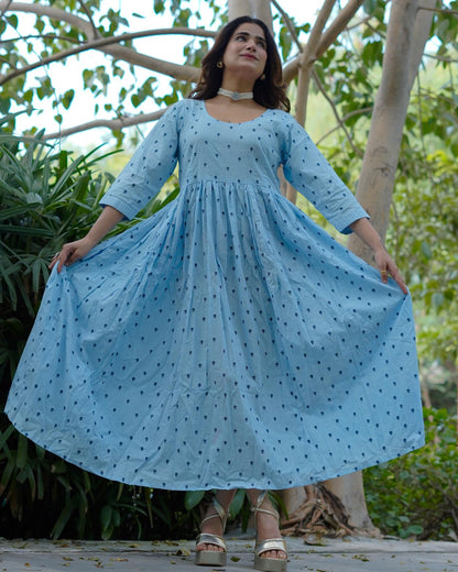 NeelKriti – Pure Cotton Handblock Khari Print Long Flared Dress | Ethnic Casual Wear for Women