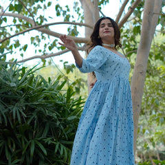 NeelKriti – Pure Cotton Handblock Khari Print Long Flared Dress | Ethnic Casual Wear for Women