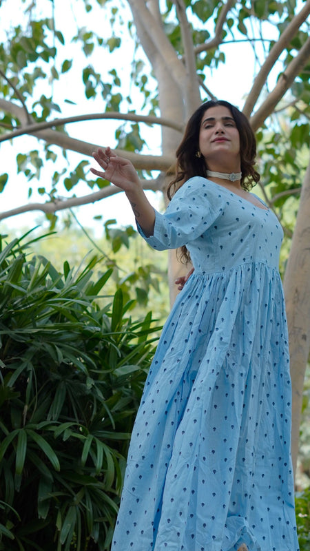 NeelKriti – Pure Cotton Handblock Khari Print Long Flared Dress | Ethnic Casual Wear for Women