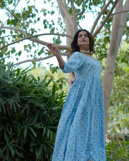 NeelKriti – Pure Cotton Handblock Khari Print Long Flared Dress | Ethnic Casual Wear for Women