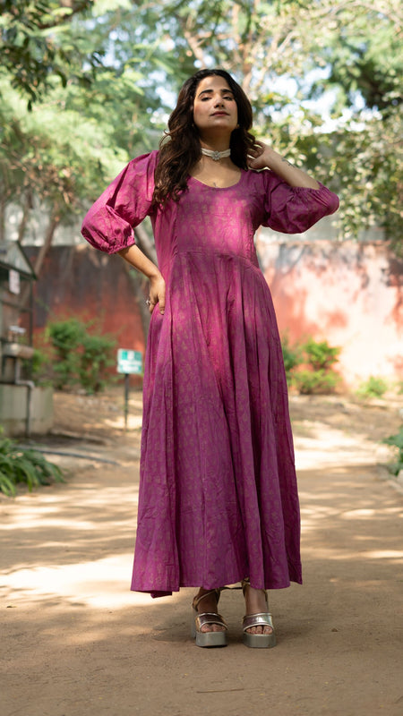 Aasha Pure Cotton Handblock Gold Print Long Dress – Ethnic Flared Dress