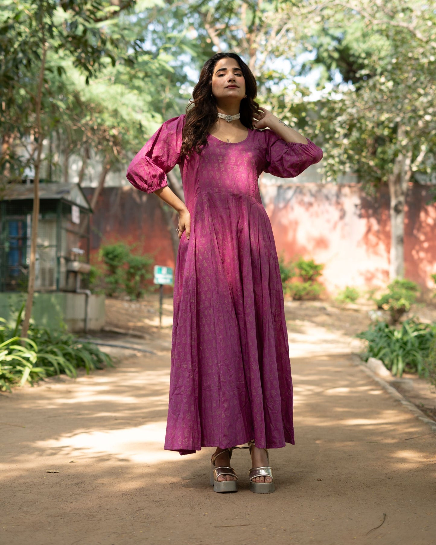 Aasha Pure Cotton Handblock Gold Print Long Dress – Ethnic Flared Dress