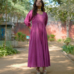 Aasha Pure Cotton Handblock Gold Print Long Dress – Ethnic Flared Dress