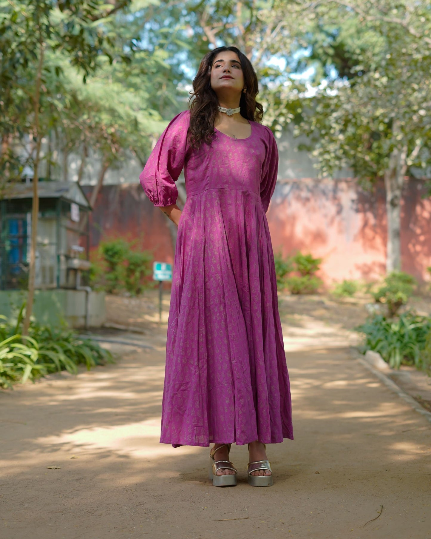 Aasha Pure Cotton Handblock Gold Print Long Dress – Ethnic Flared Dress