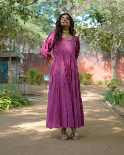 Aasha Pure Cotton Handblock Gold Print Long Dress – Ethnic Flared Dress