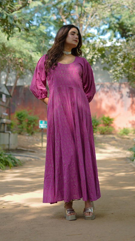 Aasha Pure Cotton Handblock Gold Print Long Dress – Ethnic Flared Dress