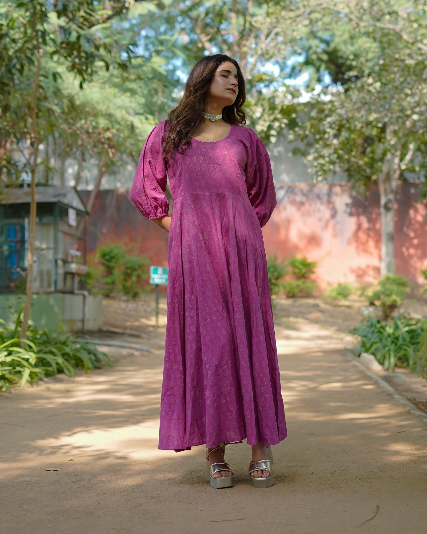 Aasha Pure Cotton Handblock Gold Print Long Dress – Ethnic Flared Dress