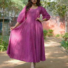 Aasha Pure Cotton Handblock Gold Print Long Dress – Ethnic Flared Dress