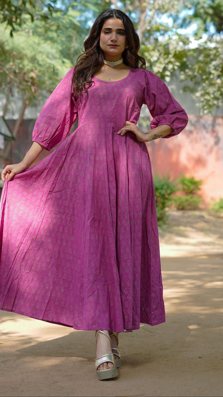 Aasha Pure Cotton Handblock Gold Print Long Dress – Ethnic Flared Dress