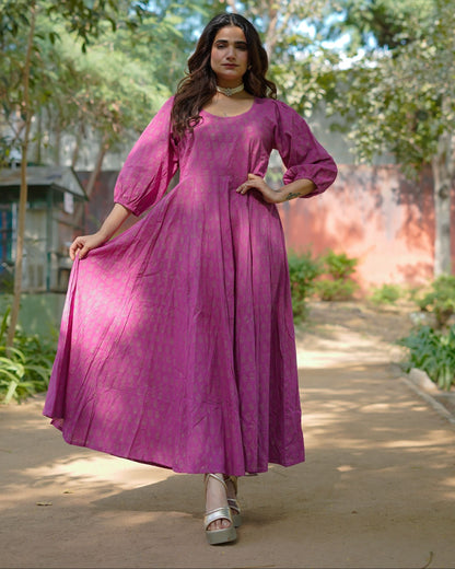 Aasha Pure Cotton Handblock Gold Print Long Dress – Ethnic Flared Dress