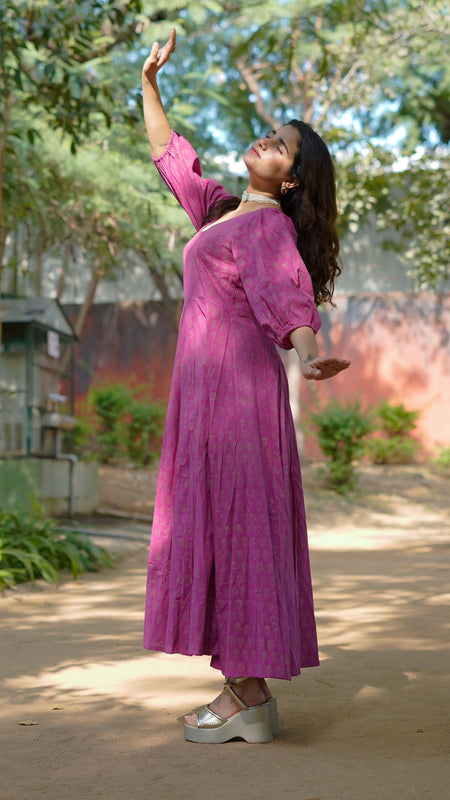 Aasha Pure Cotton Handblock Gold Print Long Dress – Ethnic Flared Dress