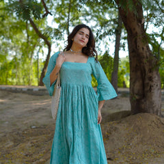 Aarini – Aqua Bloom Handblock Khari Printed Cotton Dress