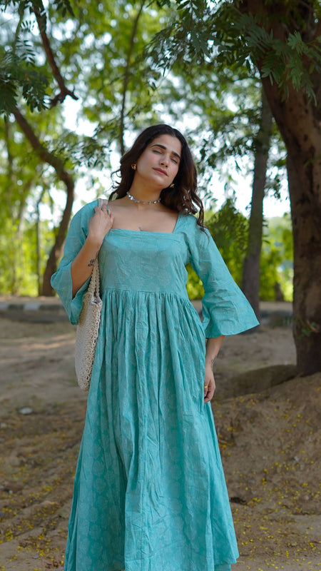 Aarini – Aqua Bloom Handblock Khari Printed Cotton Dress