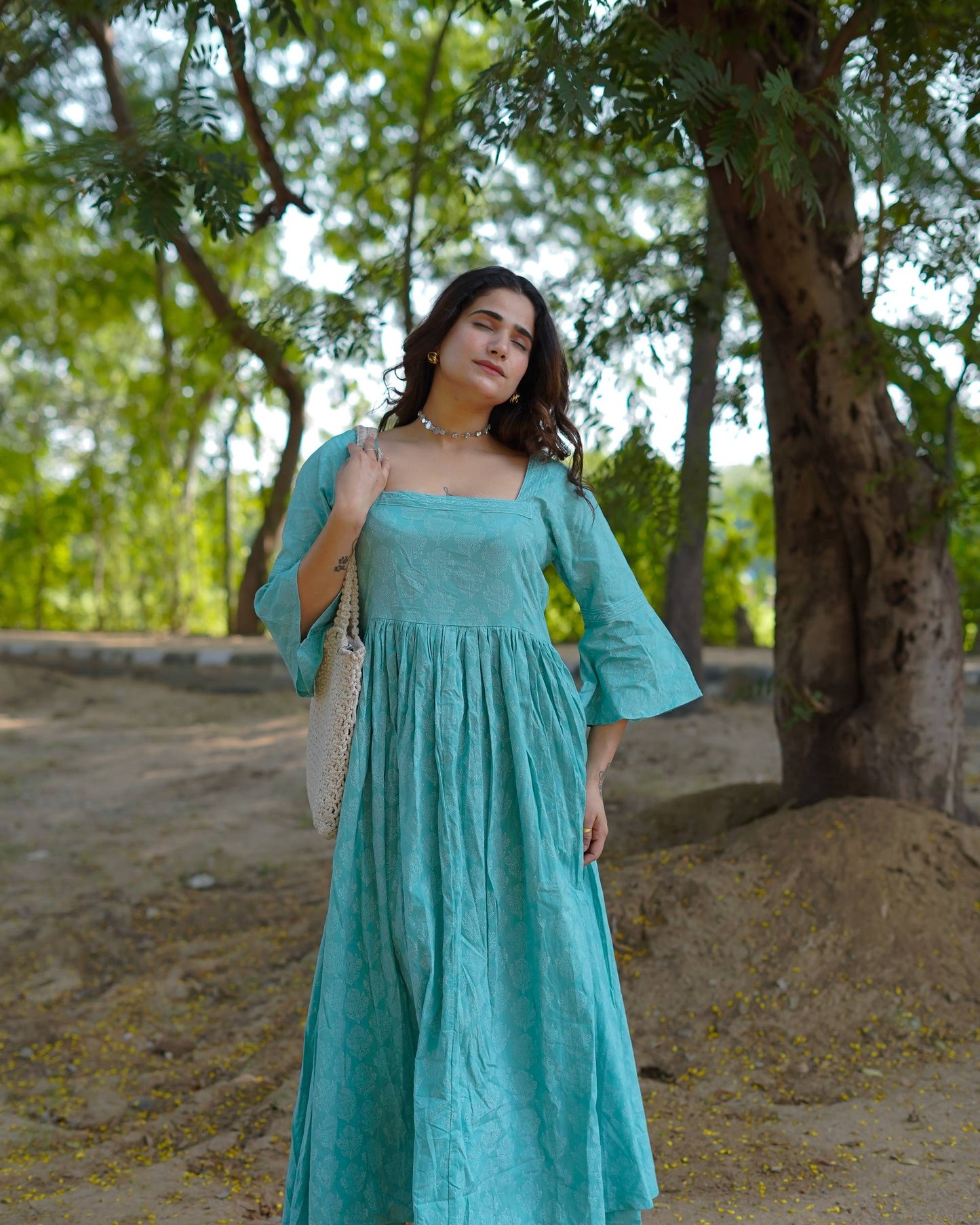 Aarini – Aqua Bloom Handblock Khari Printed Cotton Dress