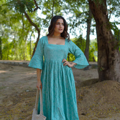 Aarini – Aqua Bloom Handblock Khari Printed Cotton Dress