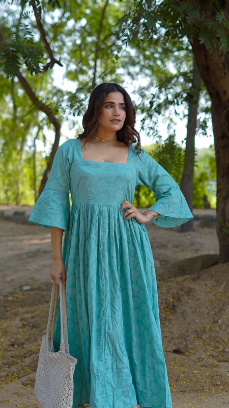 Aarini – Aqua Bloom Handblock Khari Printed Cotton Dress
