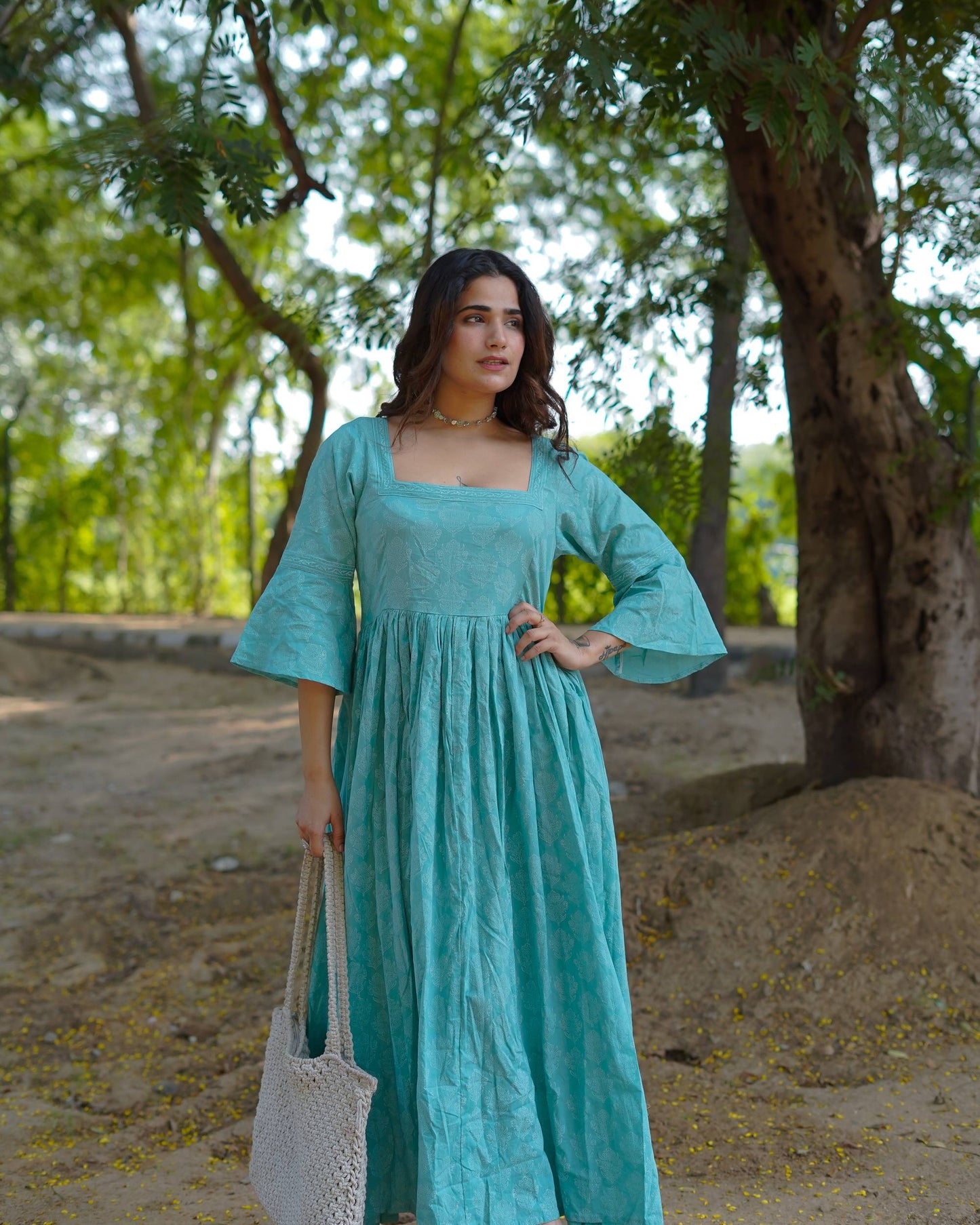 Aarini – Aqua Bloom Handblock Khari Printed Cotton Dress