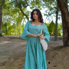 Aarini – Aqua Bloom Handblock Khari Printed Cotton Dress
