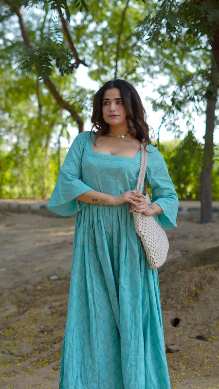 Aarini – Aqua Bloom Handblock Khari Printed Cotton Dress