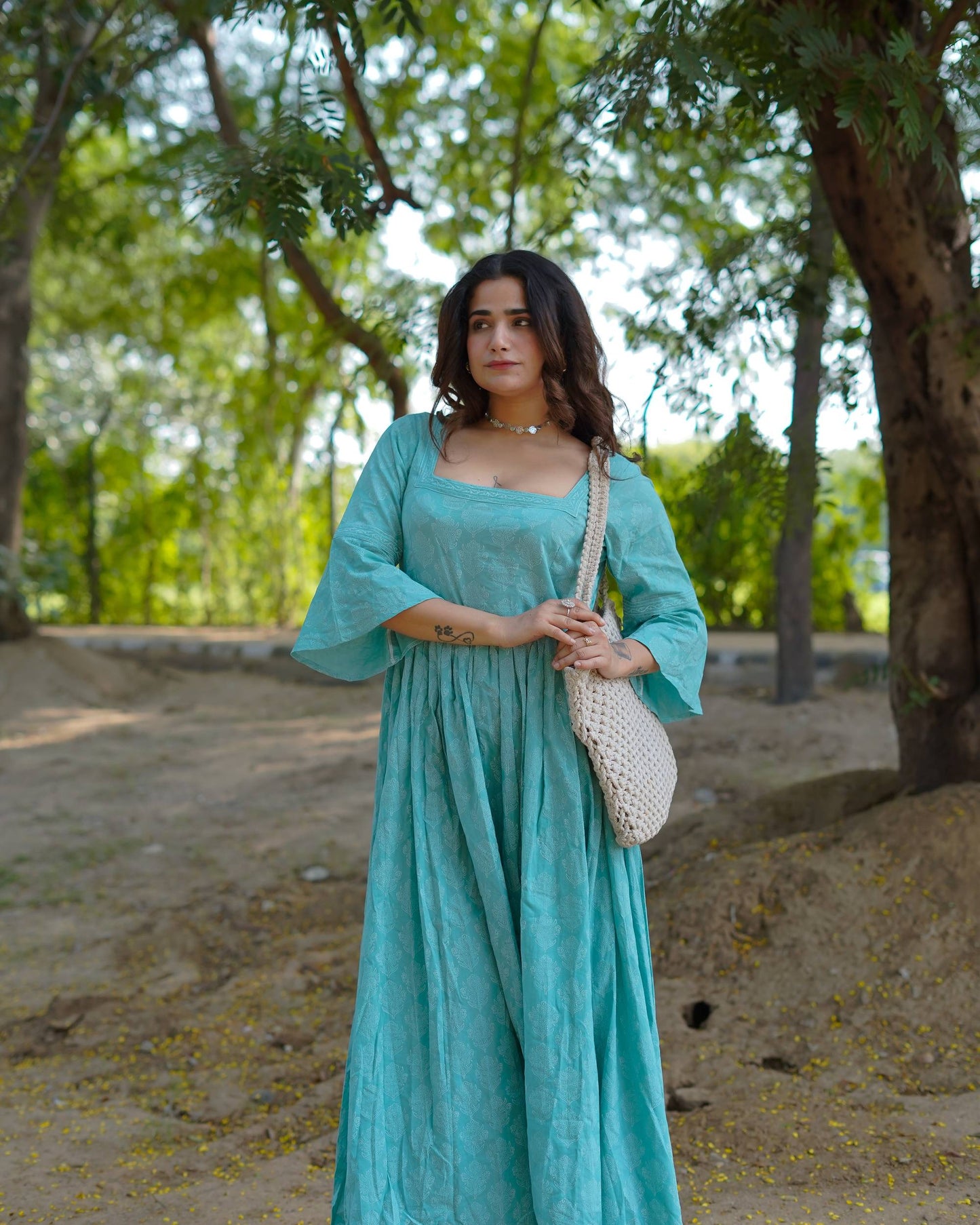 Aarini – Aqua Bloom Handblock Khari Printed Cotton Dress