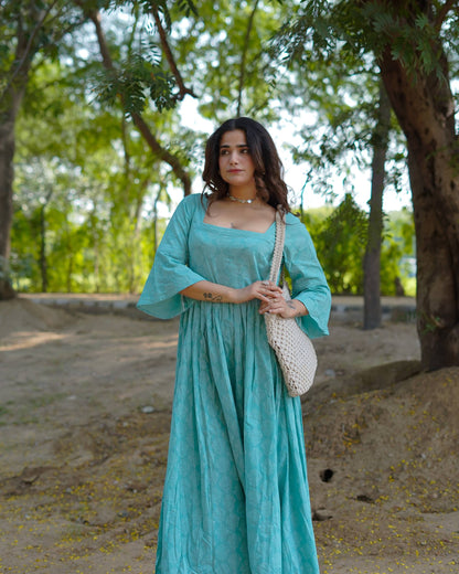 Aarini – Aqua Bloom Handblock Khari Printed Cotton Dress